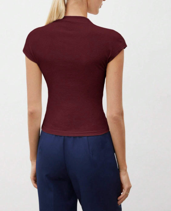Solid Color Slim Stand-up Collar Short-sleeved Top