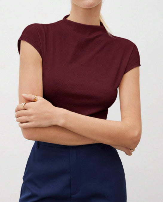 Solid Color Slim Stand-up Collar Short-sleeved Top