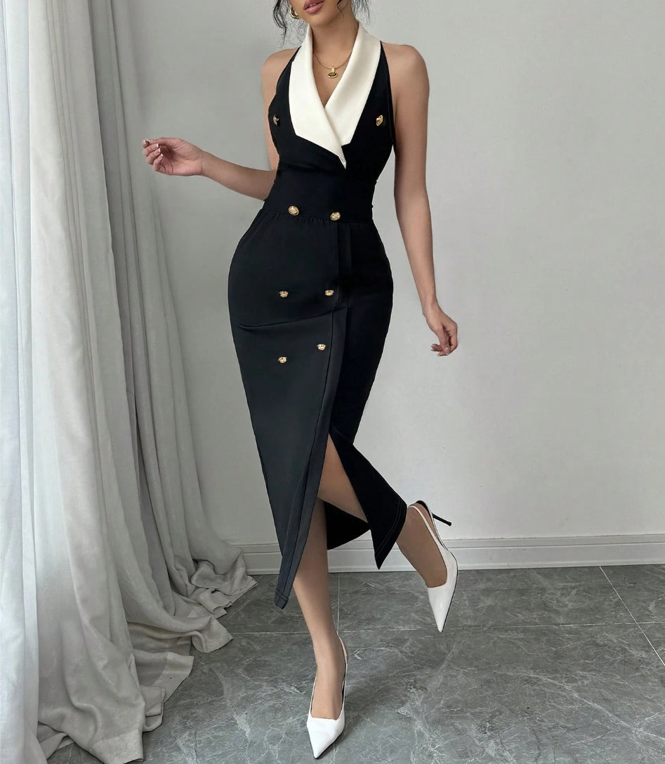 Halterneck Suit Tie Buttoned Waist Dress
