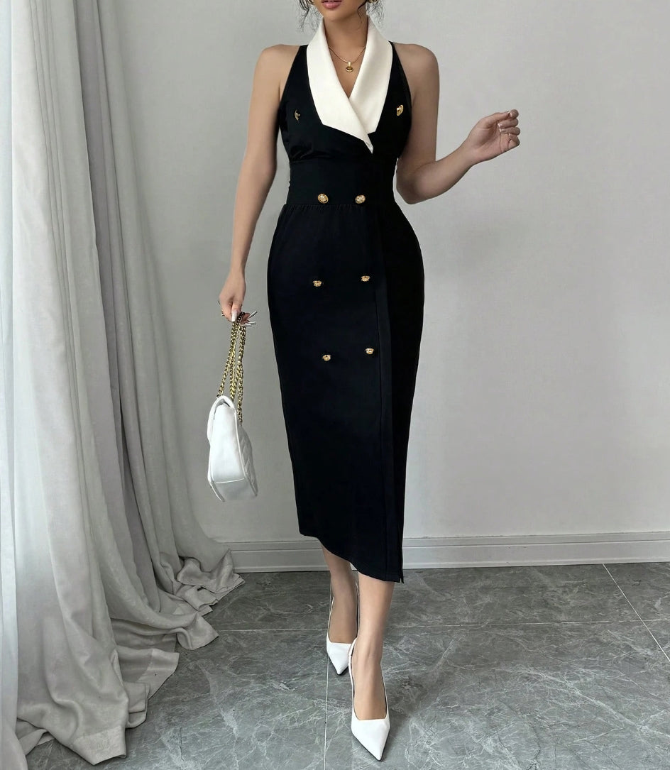 Halterneck Suit Tie Buttoned Waist Dress