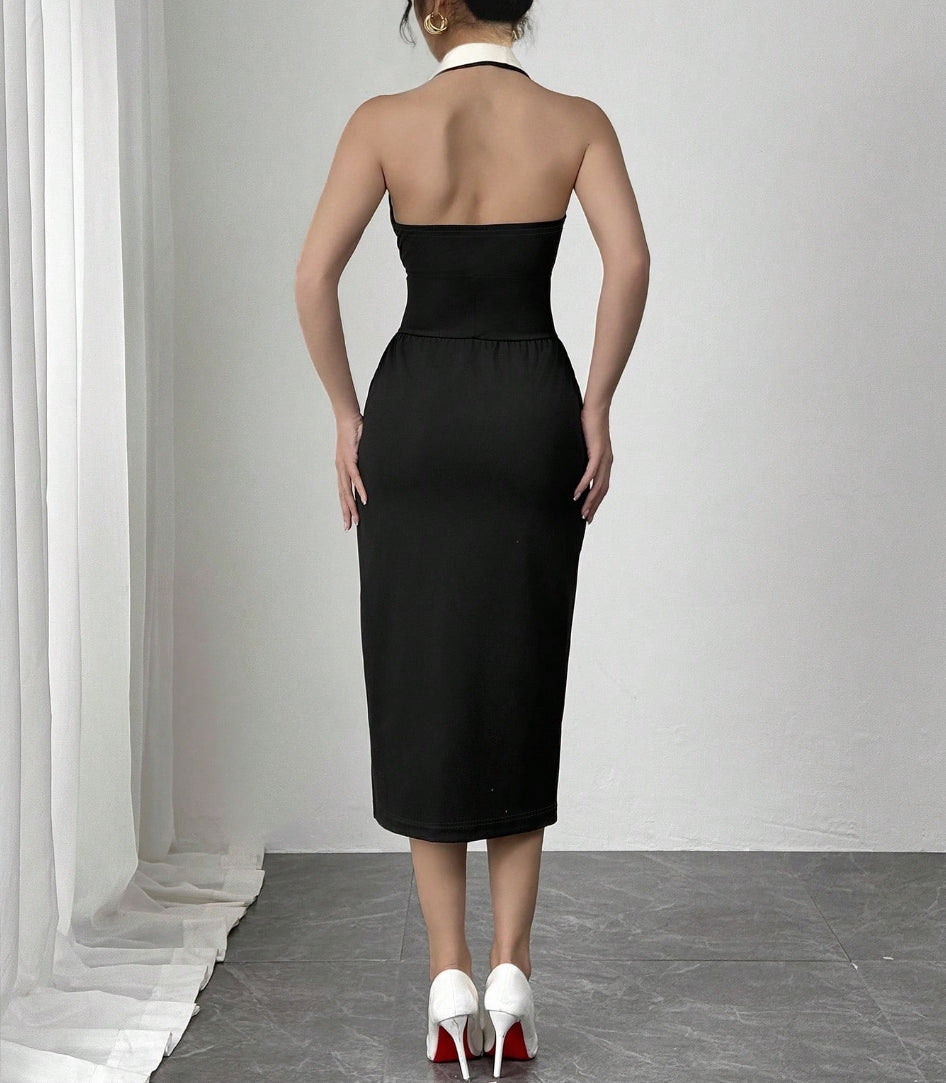 Halterneck Suit Tie Buttoned Waist Dress