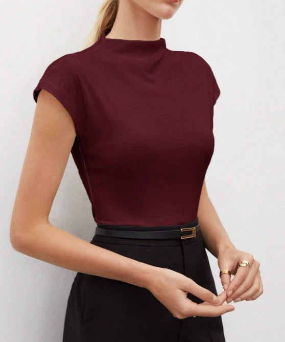 Solid Color Slim Stand-up Collar Short-sleeved Top